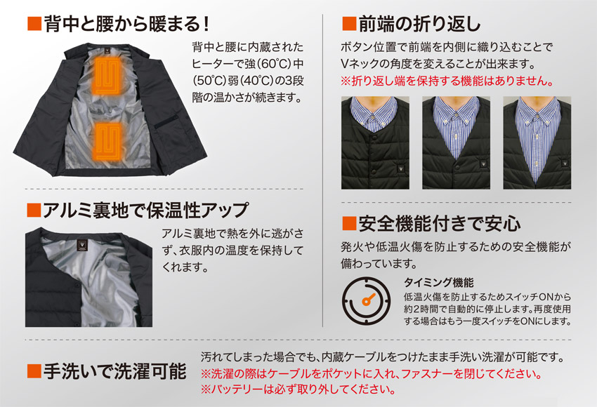 【167-xe】背中と腰、両方暖か!ヒーター内蔵ベスト手洗い丸洗い洗濯可能【ジーベック】(服のみ)