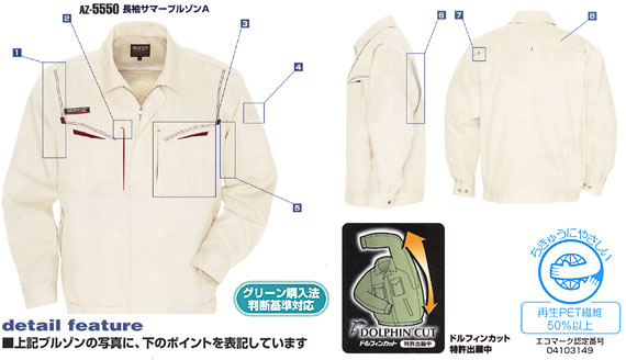 【AZ5550】 裏綿の心地よさと優れた吸汗速乾性!　かっこいい夏用　作業着・長袖ブルゾン [アイトス]