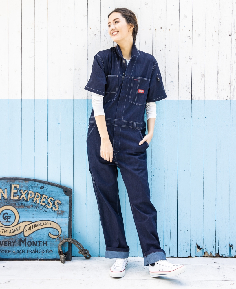 【D-752】コーデュラストレッチデニム半袖ツナギDickies ・ディッキーズ